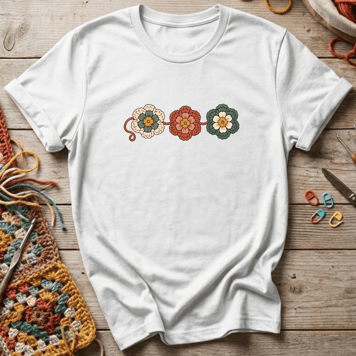 3 crocheted flowers T-Shirt