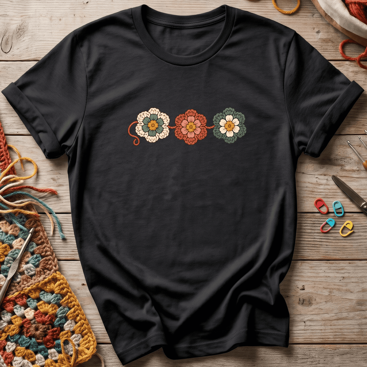3 crocheted flowers T-Shirt