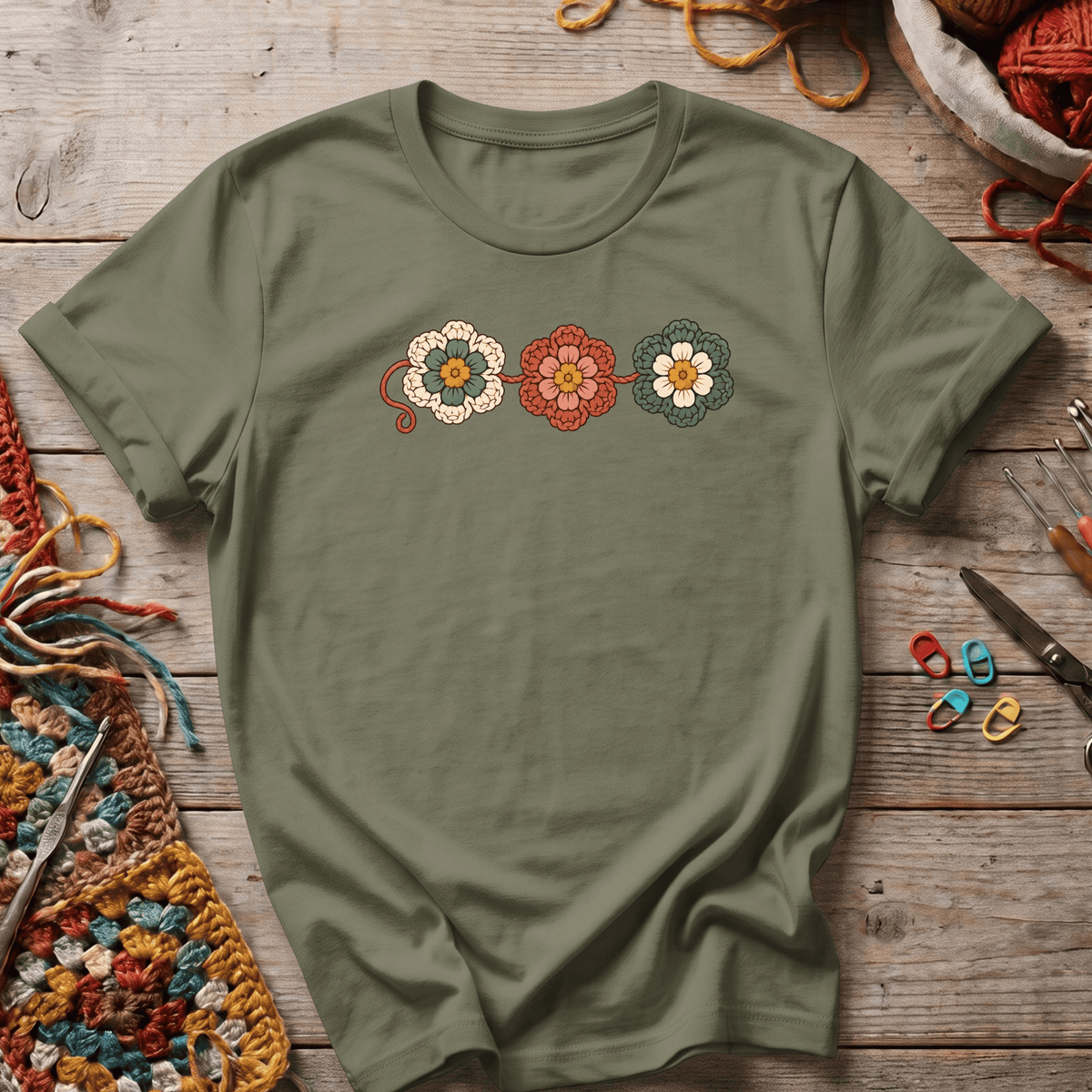 3 crocheted flowers T-Shirt