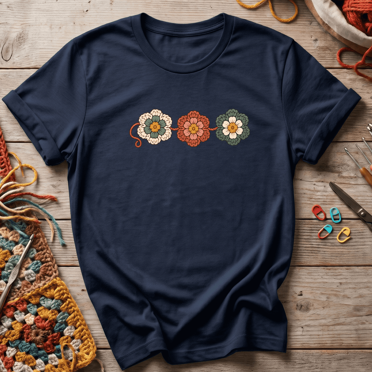 3 crocheted flowers T-Shirt