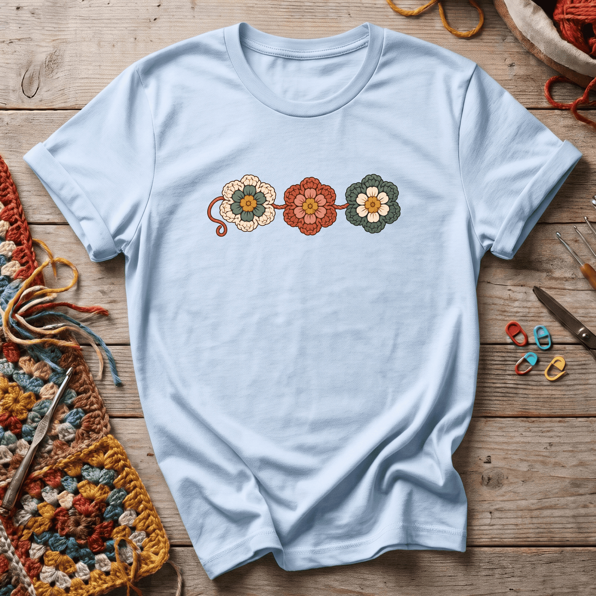 3 crocheted flowers T-Shirt
