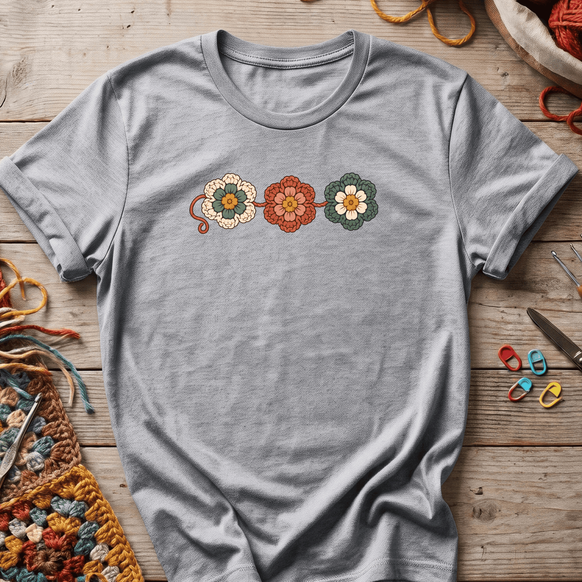 3 crocheted flowers T-Shirt
