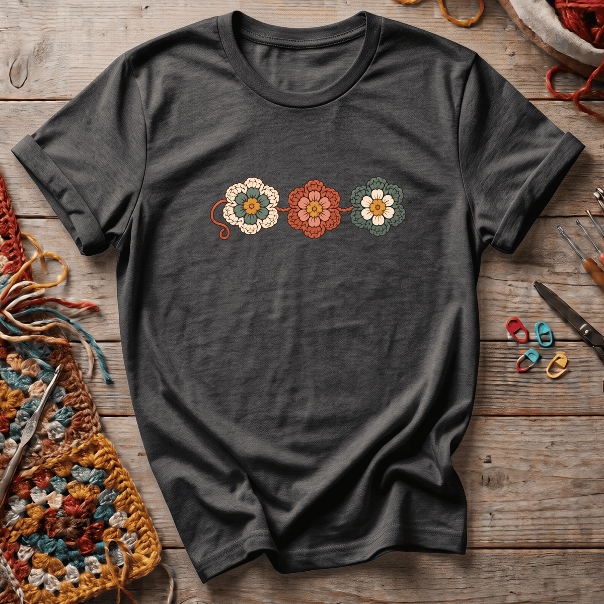 3 crocheted flowers T-Shirt